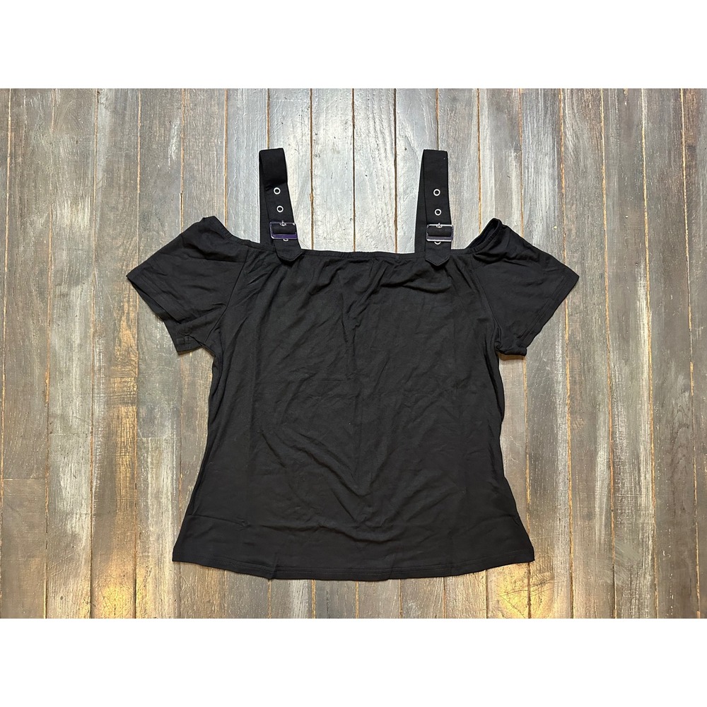 Black Cold Shoulder Buckle Strap Top Grommet Detail Short Sleeve Shirt Large